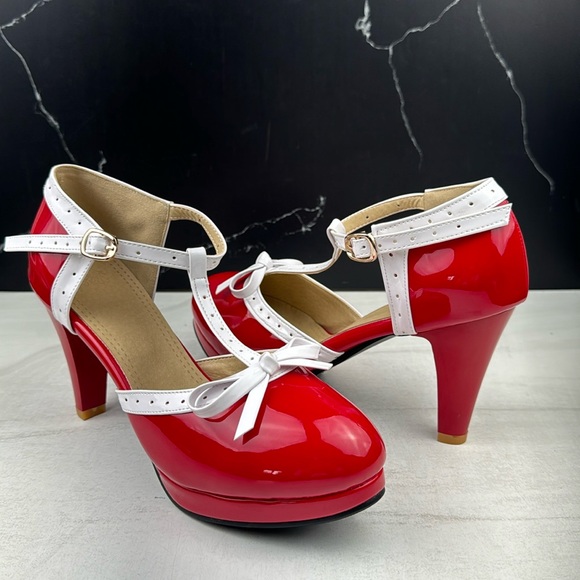 ForeMode Fashion T-Strap Bow Platform Round Toe High Heels Red/White sz 10.5 - Picture 3 of 14